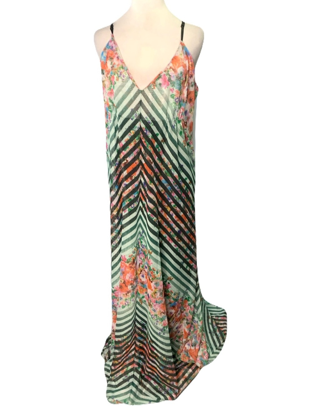 Alberto Makali XL Multicolor Floral Perforated Mesh V Neck Sleeveless Maxi Dress